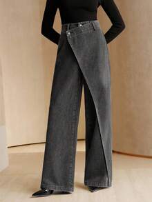 Anewsta 新款女士不对称黑色牛仔裤