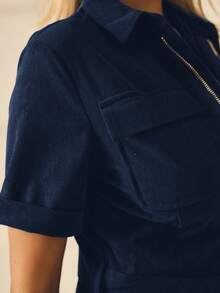 Aralina Macacão de Zíper Curto de Cor Sólida de Verão para Mulheres - Azul Marinho - Visão 4