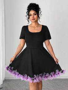 Elenzga 大码女式优雅圆领短袖碎花迷你连衣裙，休闲日常穿着 - 黑色 - 查看 4