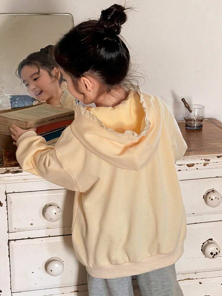 Young Girls Hooded Lace Trim Patchwork Pocket Long Sleeve Jacket, Autumn/Winter