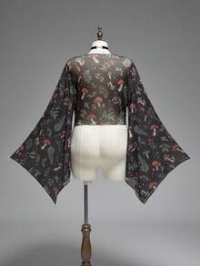 ROMWE Fairycore Áo nữ thời trang in hình nấm tối màu, tay loe - Nhiều màu - Xem 6