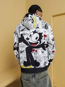 Felix The Cat X SHEIN Men's Casual Pop Art Print Loose Fit Drop Shoulder Hooded Sweatshirt, Fashionable Street Style For Daily Commute, Spring/Autumn - White - View 3