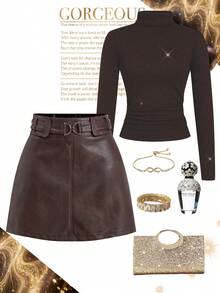 Ellevyn 大码女式纯色腰部金属扣PU皮时尚半身裙，圣诞派对半身裙，优雅半身裙，复古半身裙，新年春季女装，春假春季情人节派对婚礼及活动生日女装，优雅女装 - 鏽棕色 - 查看 6