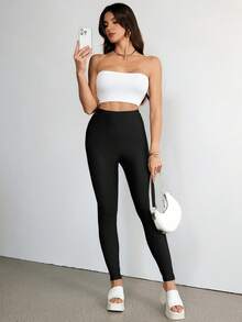 SHEIN Tall 纯色基础款女士休闲户外紧身裤 - 黑色 - 查看 10