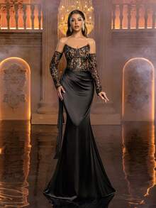 Glamrae Đầm dạ hội sang trọng, lãng mạn kiểu Pháp với chất liệu ren tương phản, hở vai, cổ thuyền, thích hợp cho ngày Valentine. - màu đen - Xem 4