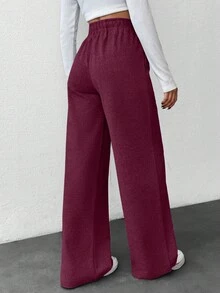 SHEIN Women Solid Color High Waist Straight Pants - Burgundy - View 2