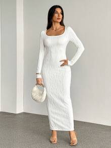 SHEIN Tall Đầm dài tay cổ tròn dệt kim màu mơ, đầm pastel cho nữ, đầm dài màu trắng cho nữ - Màu be - Xem 11