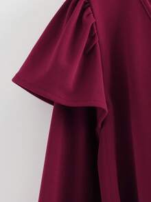 GlowEve 2pcs Women Elegant Solid Color V-Neck Metal Chain Ruffle Hem Long Sleeve Top And Straight Leg Pants Set - Red - View 5