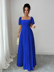 Elenzga Cream Yellow Women's A-Line Dress With Square Neck And Waist Cinching, Elegant And Romantic - Royal Blue - View 1