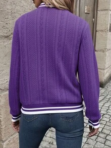 Chaqueta de béisbol deportivo y casual para mujeres - cuello en V con bolsillos abiertos y puños de costilla, adecuada para deportes diarios, fitness, ejercicio fuera de casa - Morado - Ver 2