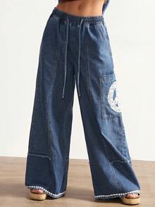 Bohemela 女士休闲纯色阔腿牛仔裤 宽松牛仔裤 带图案牛仔裤 - 藍色 - 查看 5
