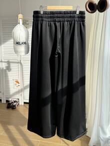 Comfortcana Calça Esportiva de Perna Larga com Cintura com Cordão Plus Size - Preto - Visão 8