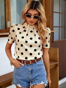 EMERY ROSE Women's Polka Dot Print Ruffle Collar Short Sleeve Blouse, Spring/Summer - Apricot - View 7