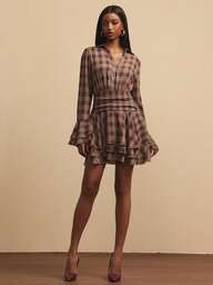 NYA SZN Vestido de manga larga con cuello de botones, detalle de volantes, ajustado y fluido, para invierno, primavera, Navidad, fiestas, Año Nuevo, , a cuadros rojos y marrones, para eventos, fiestas, negocios y uso casual, de longitud mini para mujeres