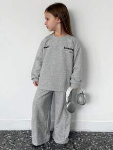 DAZY 2pcs Young Girl Girls Crew Neck Printed Sweatshirt + Pants Homewear Set, Fall - Grey - View 2