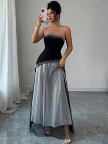 SHEIN Elenzya 不对称腰身珍珠装饰拼接优雅浪漫精致女士派对礼服，适合各种活动和节日 - 黑色 - 查看 3