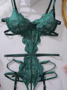 SHEIN Floral Lace Backless Teddy Bodysuit Lingerie - Dark Green - View 6