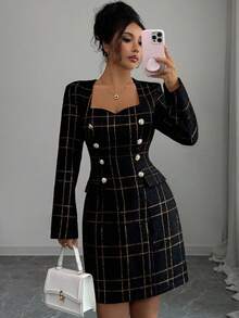 SHEIN Elenzya Đầm ngắn tay dài cổ tim bằng vải tweed thanh lịch dành cho nữ, thích hợp cho mùa thu. - màu đen - Xem 4