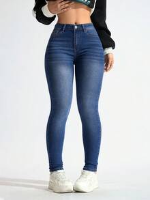 Flexra Plus Size Women High Waist Slim Fit Casual Jeans - Dark Wash - View 5