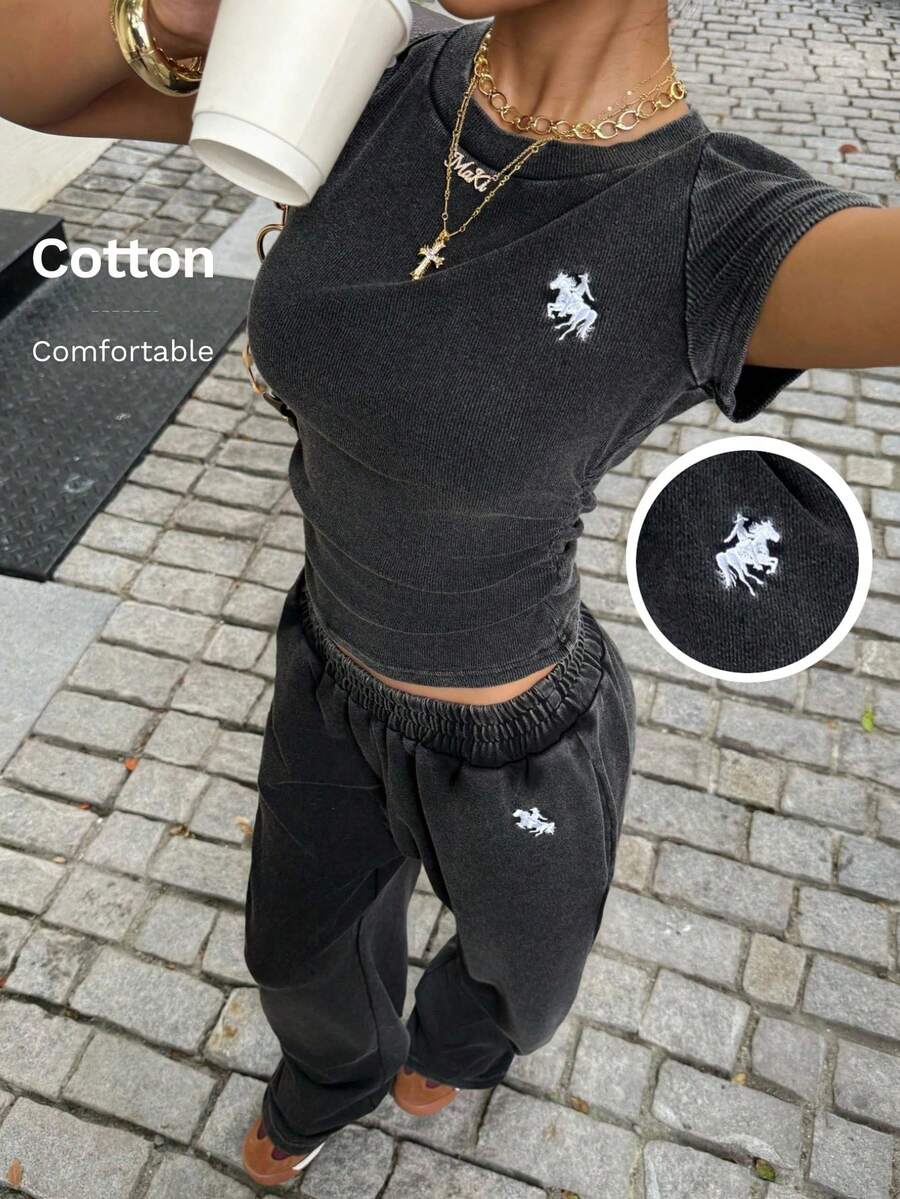 Muchica 黑色针织刺绣圆领短袖上衣配长裤休闲套装 - 黑色 - 查看 1