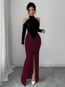 Selianne 新款秋冬黑白撞色拼接设计，性感高开衩露肩长袖褶皱修身长裙，优雅适合派对、晚宴、婚礼、万圣节、圣诞节等场合。 - 酒紅色 - 查看 3