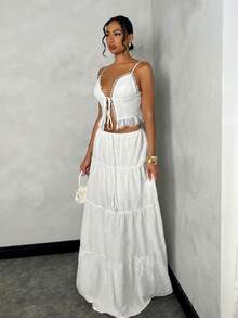 SHEIN BAE 女士夏季海滩度假浪漫约会日常外出蕾丝拼接吊带背心+低腰褶皱A字长裙套装，白色亚麻面料