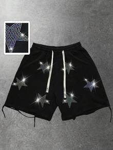ROMWE MEN Men's Distressed Star Studded Casual Shorts, Street Style - Black - View 1