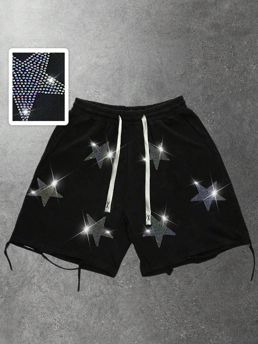 ROMWE MEN Men's Distressed Star Studded Casual Shorts, Street Style - Black - View 1