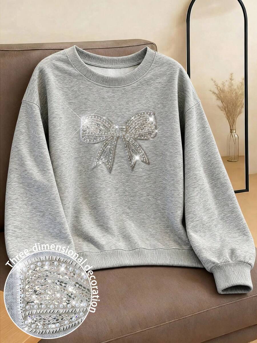 Resyla 闪亮蝴蝶结装饰简约设计女式圆领常规版型长袖卫衣，送朋友的礼物，秋冬季 - 淺灰色 - 查看 1