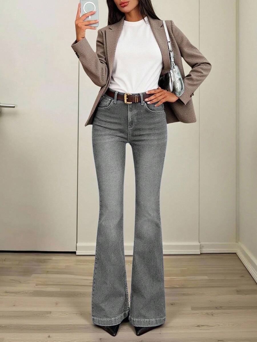 Slim Fit High Waist Flared Comfort Denim Jeans - Grey - View 1