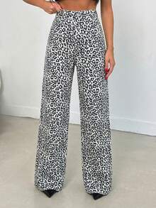 EURMUSE 100% Cotton MID RISE WIDEEG CUT LEOPARD PETITE JEAN - Multicolor - View 3