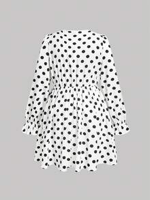 SHEIN MOD Plus Size Sweet & Cute Polka Dot Print Front Bowknot Contrast Color Puff Sleeve Long Dress - White - View 2