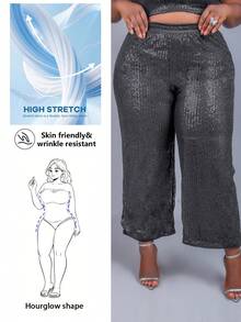 CurvyTilda Plus Size Women Solid Color Elastic Waist Wide Leg Loose Sequin Pants, For Hourglass Body Shape - Black - View 1