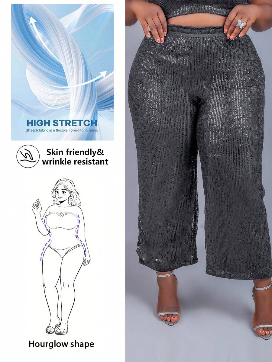 CurvyTilda Plus Size Women Solid Color Elastic Waist Wide Leg Loose Sequin Pants, For Hourglass Body Shape - Black - View 1