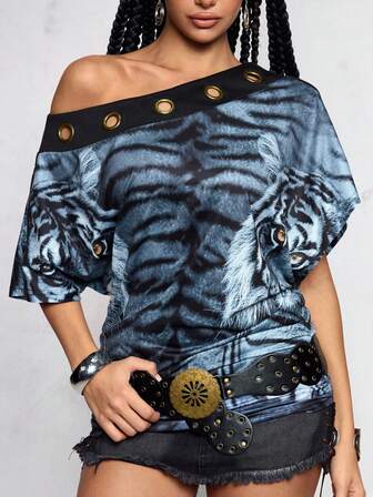 Hippie Blusa de mujer con estampado de tigre vintage, detalles de ojales y patchwork