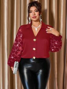 Cravure Plus Size Women Mesh Sleeve Gold Decor Button Shirt - Red - View 4