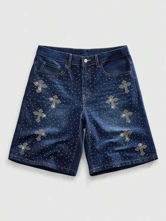 Goth Herren Bermuda Shorts aus Jeans mit blauem Kreuz-Muster und Strass-Verzierung, Sommer