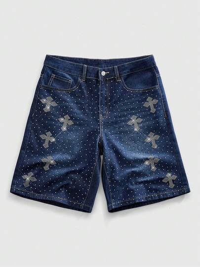 Goth Bermudas de mezclilla con patrón de cruz azul y adornos de rhinestone para hombres, verano