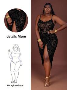 CurvyTilda 大码女式植绒垂坠领长款吊带裙，适合初秋/秋冬季 - 黑色 - 查看 4