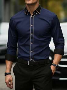 Manfinity Mode Camisa de manga larga casual y versátil con cuello vuelto y abotonadura sencilla para hombres