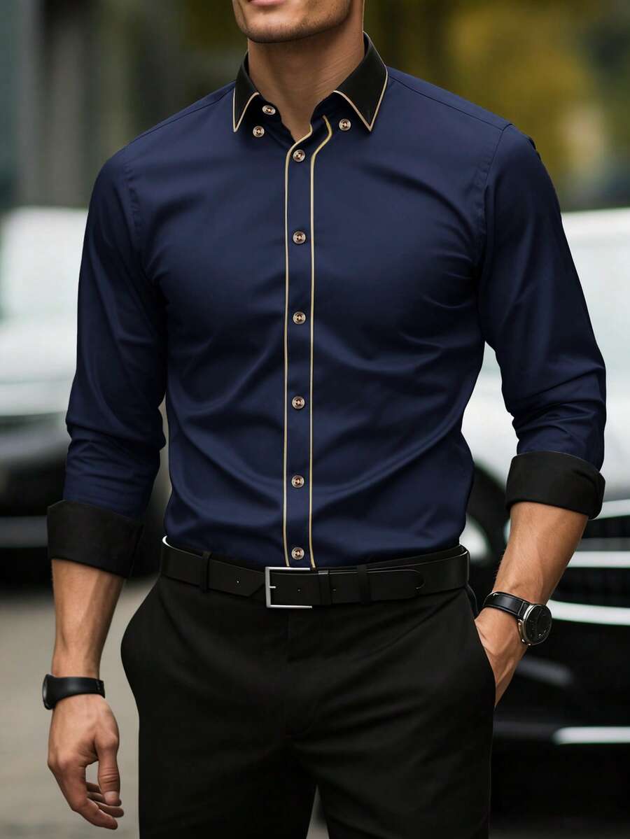 Manfinity Mode Camisa de manga larga casual y versátil con cuello vuelto y abotonadura sencilla para hombres