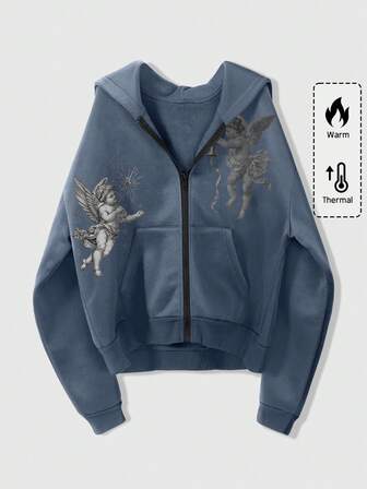 Street Life Sudadera con capucha con cremallera y estampado de ángel casual para hombre, otoño/invierno