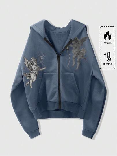 Street Life Sudadera con capucha con cremallera y estampado de ángel casual para hombre, otoño/invierno