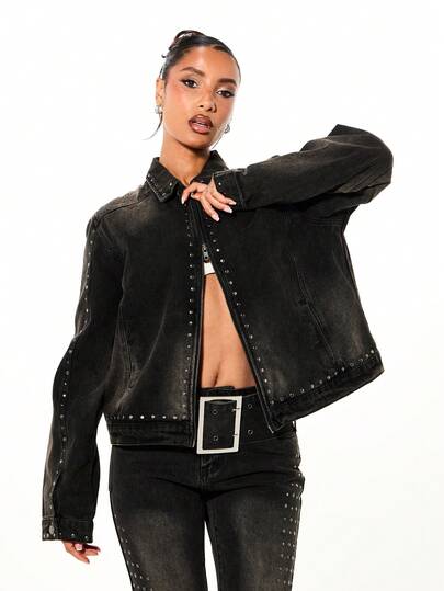 SUMWON WOMEN Oversized Studded Denim Jacket With Metal Grommets And Belt Details For Edgy Street Style