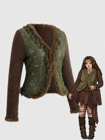 Fairycore Style Plus Size Beaded Embroidered Lace Knit Brown & Green Patchwork Cardigan Sweater, Hippie Boho Chic Plus Size Women Knit Top, Vintage Christmas Sweater For Women, Autumn/Winter