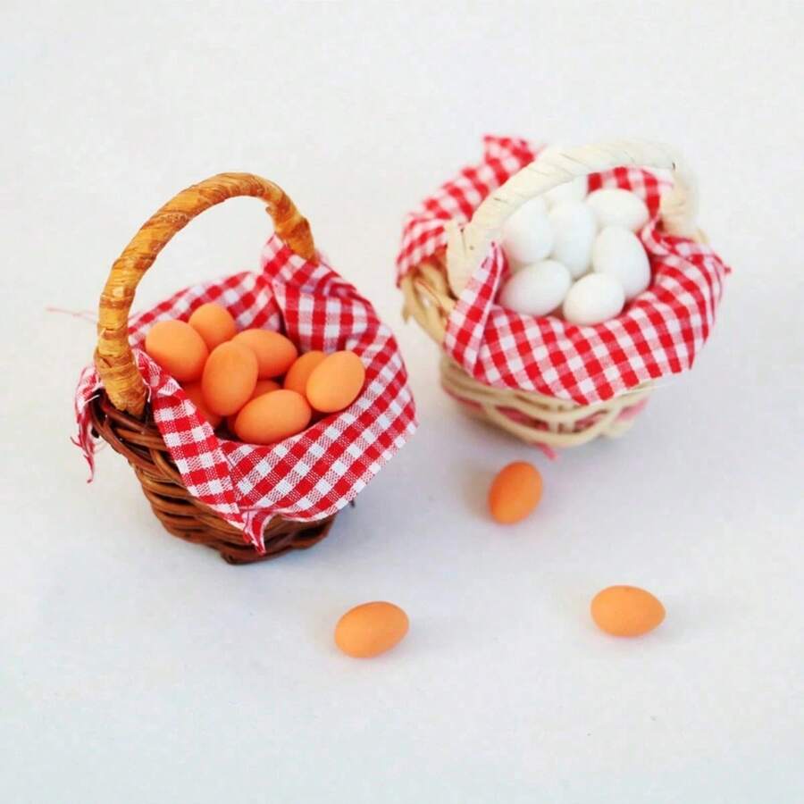 14pcs/Set Miniature Scene Prop Model Mini Red Checkered Egg Basket Set - Photo Color - View 1