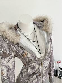 Elamini 女士灰色拼接毛领拉链卫衣，秋冬季休闲套头衫，适合日常穿着、上学、毕业典礼、复古街头风、通勤、休闲、运动、居家穿着。 - 彩色 - 查看 6