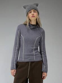 COUREZ 长袖高领罗纹针织上衣，不对称前襟纽扣设计 / Y2K 长袖上衣 外出上衣 女士上衣 冬季女装 灰色上衣 性感可爱上衣 - 深灰色 - 查看 7