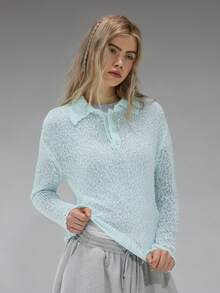 COUREZ 长袖开襟针织Polo衫/Y2K长袖上衣 外出上衣 女式上衣 冬季女装 - 薄荷綠 - 查看 5