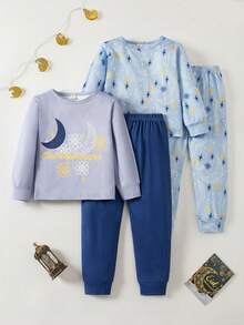 Pijamale pentru băieți - Set de pijamale din 2 piese, imprimeu cu lună și stele, albastru deschis, lavandă, bleumarin, cu guler rotund, mânecă lungă, talie elastică, pantaloni lungi, confortabili, elastici, ideali pentru culcare, joacă, fotografii de familie, Four Seasons 2026, esențiale pentru sărbători - Multicolor - Vizualizare 1